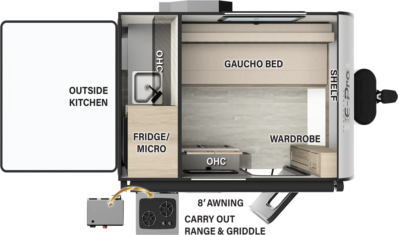 The E12S has one entry and zero slideouts. Exterior features 8 foot awning, carry-out range and griddle, and rear outside kitchen with overhead cabinet, microwave and refrigerator. Interior layout front to back: front shelf, off-door side gaucho bed, and door side wardrobe, entry, and overhead cabinet.